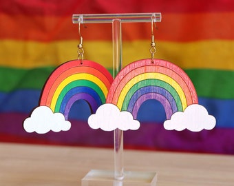 XL Classic Rainbow Cloud Earrings - handpainted sustainable bamboo ply, lightweight hypoallergenic dangle earrings