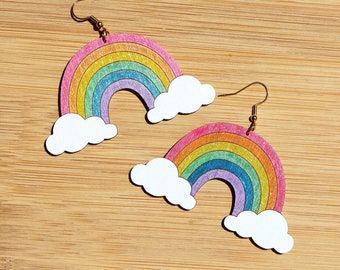 XL Glitter Sparkly Rainbow Cloud Earrings - handpainted sustainable bamboo ply, lightweight hypoallergenic dangle earrings