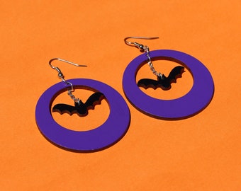 Purple Mod Hoops with Dangling Bat on Chain - hand painted, sustainable lightweight laser cut bamboo ply halloween earrings