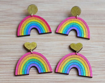 Glitter Rainbow Arch Earrings with Gold Glitter Toppers - handpainted sustainable bamboo ply, lightweight drop stud earrings