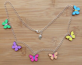 Butterfly Necklace - handpainted sustainable laser cut lightweight bamboo wooden charm chain, rainbow multicolour pastel butterflies