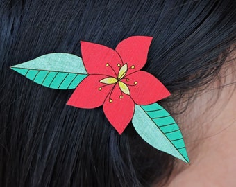 Red Flower Hair Clip Barette - Wooden Bamboo Accessories