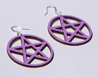 Lavender Pentagram Dangle Earrings - lightweight handpainted sustainable laser cut bamboo, hypoallergenic surgical steel, halloween witch