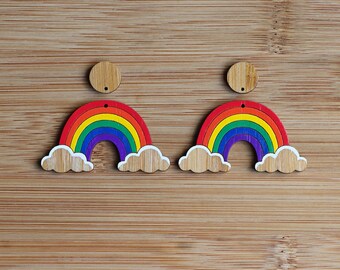 Classic Rainbow Cloud Earrings with Wooden Circle Topper - handpainted sustainable bamboo ply, lightweight drop stud earrings