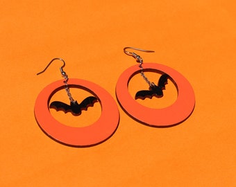 Orange Mod Hoops with Dangling Bat on Chain - hand painted, sustainable lightweight laser cut bamboo ply halloween earrings