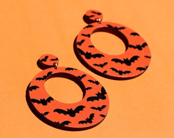 Orange Bat Patterned Mod Hoops - hand painted, sustainable lightweight laser cut bamboo ply halloween drop stud earrings