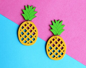 Pineapple Drop Stud Dangle Earrings - handpainted sustainable lightweight laser cut bamboo wood, hypoallergenic surgical steel posts/clip-on