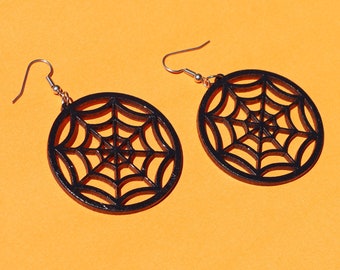 Black Spiderweb Dangle Earrings - lightweight handpainted sustainable laser cut bamboo, hypoallergenic surgical steel, halloween witch