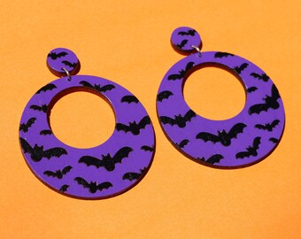 Purple Bat Patterned Mod Hoops - hand painted, sustainable lightweight laser cut bamboo ply halloween drop stud earrings