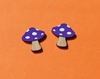 Purple Shroom Studs - cute fairy 70s psychedelic mushrooms mushies earrings, handpainted sustainable bamboo, hypoallergenic surgical steel