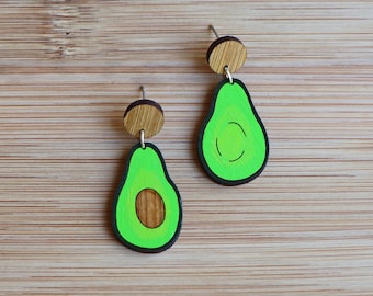 Avocado Drop Studs - fruits, vegetables, wooden bamboo laser cut sustainable handpainted earrings surgical steel hypoallergenic