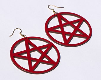 XL Red Pentagram Dangle Earrings - lightweight handpainted sustainable laser cut bamboo, hypoallergenic surgical steel, halloween witch