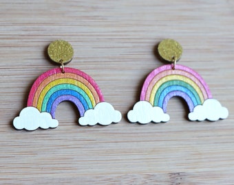 Glitter Rainbow Cloud Earrings with Gold Glitter Sparkly Circle Topper - handpainted sustainable bamboo ply, lightweight drop stud earrings