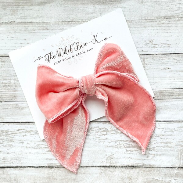 Pink Velvet Bow, 5” Girls Hair Bows, Fabric Sailor Bow, Hand Tied Bow, Fable Bow, Knotted Baby Headband, Pinwheel Toddler Hair Clip, Big Bow