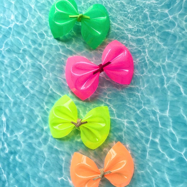 Neon Pool Bows for Girls, Bright Colored Hair Bows, Baby Girl Nylon Headband, Waterproof PVC Hair Clip for Toddlers, Summer Swim Bows