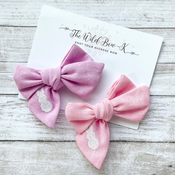 Embroidered Bunny Fabric Bow, 3.5” Girls Hair Bow, Linen Baby Bow, Toddler Easter Hair Clip, Hand Tied Sailor Bow, Pinwheel Newborn Headband