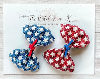 White USA Pigtail Bows and Blue Pigtail Bows Glitter Bows America Red Fourth of July Glitter Pigtail Bow Set