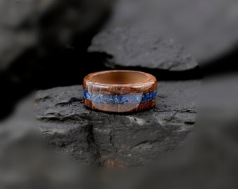 Birmania Teca Bentwood Anillo Lapis Inlay Anillo Azul Piedra Preciosa Inlay Hombres Banda de Boda Madera Parejas Anillo de Madera Anillo de Navidad Anillo de Compromiso