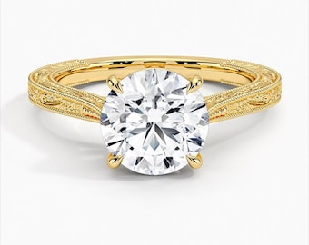 Anillo de compromiso grabado con diamantes, anillo de filigrana de oro macizo de 14k, anillo de boda y aniversario de arte mogol, anillo nupcial de moissanita, anillo de Navidad
