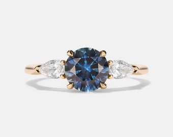 Vintage Style Montana Sapphire Ring Blue Sapphire Diamond three stone Ring 14k Solid Gold Wedding Ring