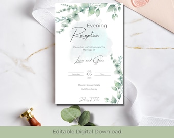 Plantilla de recepción nocturna, invitación de recepción de boda de eucalipto Descarga digital, Plantilla digital de invitación de boda de vegetación, Editable
