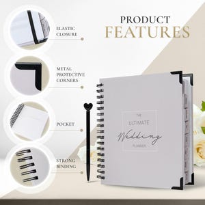 Pu&ograve; includere: Un'agenda per matrimoni bianca rilegata a spirale con angoli protettivi in metallo nero e una penna abbinata con la parte superiore a forma di cuore. L'agenda presenta il testo "The Ultimate Wedding Planner".