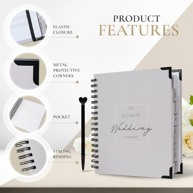 Pu&ograve; includere: Un'agenda per matrimoni bianca rilegata a spirale con angoli protettivi in metallo nero e una penna abbinata con la parte superiore a forma di cuore. L'agenda presenta il testo "The Ultimate Wedding Planner".