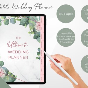 May include: A digital wedding planner on a tablet with a stylus. The planner has 189 pages and includes tabs for different sections. The cover features a watercolor design of eucalyptus leaves and pink flowers on a marble background. The text "The Ultimate Wedding Planner" is displayed in pink.