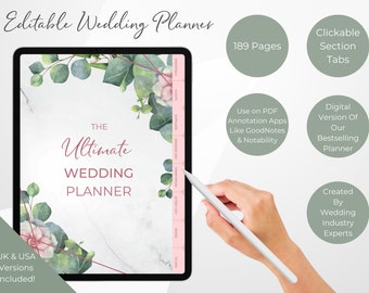 Può includere: Un planner di nozze digitale su un tablet con uno stilo. Il planner ha 189 pagine e include schede per diverse sezioni. La copertina presenta un design ad acquerello di foglie di eucalipto e fiori rosa su uno sfondo di marmo. Il testo "The Ultimate Wedding Planner" è visualizzato in rosa.