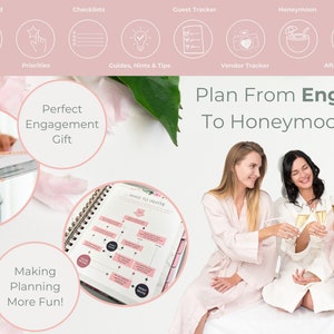 May include: A pink and white wedding planner with the text "Plan From Engagement To Honeymoon & After!" and "Making Planning More Fun!"  The planner is open to a page with a flowchart titled "Who To Invite".