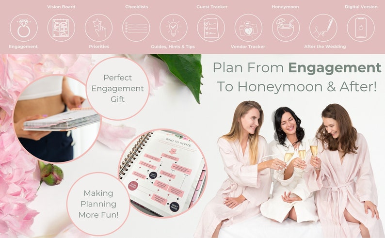 May include: A pink and white wedding planner with the text "Plan From Engagement To Honeymoon & After!" and "Making Planning More Fun!"  The planner is open to a page with a flowchart titled "Who To Invite".