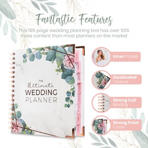 May include: A white and pink wedding planner with a floral design and gold accents. The planner has a spiral binding and an inner pocket. It also features an elasticated closure, strong coil binding, and a strong front cover.
