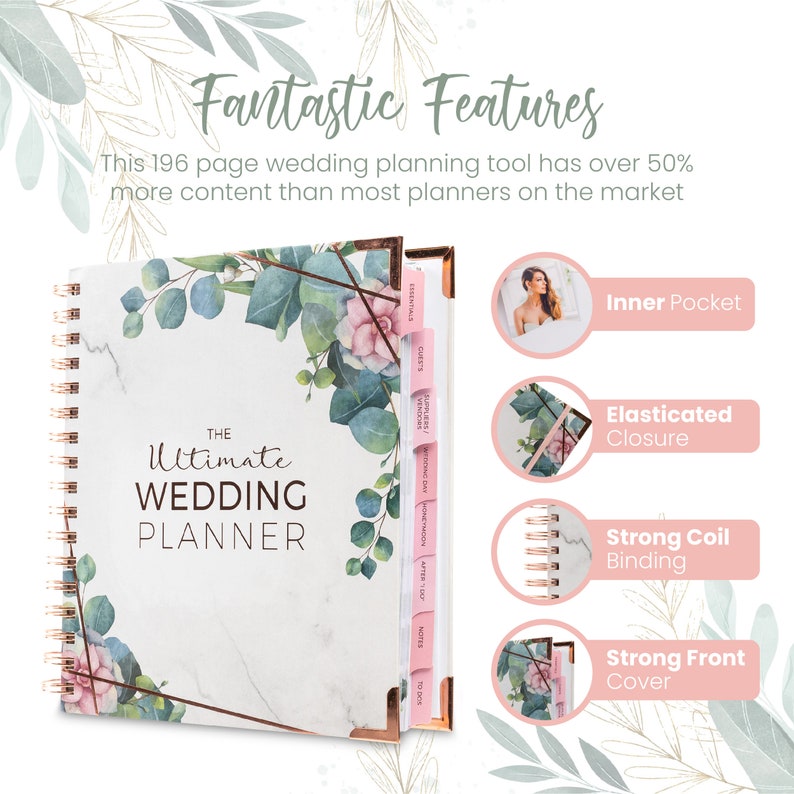 May include: A white and pink wedding planner with a floral design and gold accents. The planner has a spiral binding and an inner pocket. It also features an elasticated closure, strong coil binding, and a strong front cover.