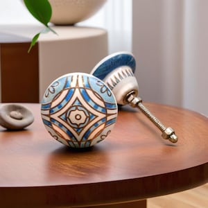 Hand-Painted Ceramic Mandala Knob: Blue Round Furniture Hardware