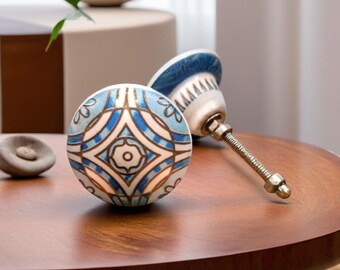 Hand-Painted Ceramic Mandala Knob: Blue Round Furniture Hardware