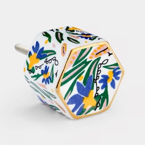 May include: A hexagonal ceramic cabinet knob with a white background and a colorful floral pattern in shades of blue, green, yellow, and pink. The knob has a gold trim around the edge and a silver screw.
