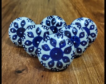 Hand Painted Ceramic Knobs: Blue Mandala Drawer Pulls, Set of 10
