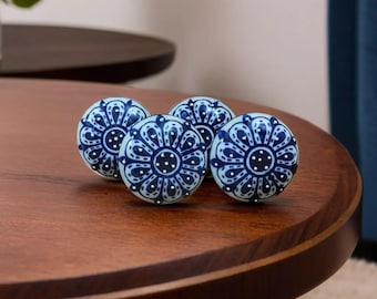 Boutons mandala bleu en céramique peints à la main - Poignées de tiroir de commode indienne