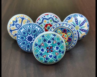 Floral Mandala Cabinet Knobs - Set of 6 - Indian Rare Handmade Decorative Furniture Hardware Knobs for Dresser Drawers