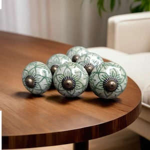 Vintage Style Green Ceramic Drawer Knob: Hand-Painted Floral Handle