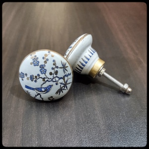Hand-Painted Ceramic Cabinet Knobs: Bird & Tree Design