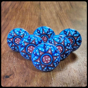 Blue Mandala Ceramic Cabinet Knobs: Hand-Painted Indian Dresser Pulls - Set of 10
