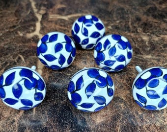 Hand-Painted Ceramic Drawer Pulls: Blue Floral Furniture Knobs