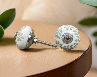 Green & White Floral Embossed Ceramic Knobs: Hand-Painted Drawer Pulls