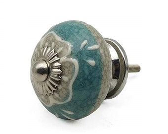 手描きのセラミックキャビネットノブ：マンダラフローラルドレッサーハードウェア