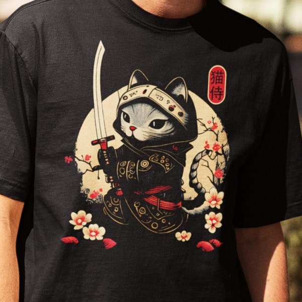 Samurai Cat T-Shirt, Japanese Kawaii Ninja Cat T-Shirt, Samurai Cat Tattoo Style Shirt, Ninja Samurai Kitten, Cat Lover T-Shirt