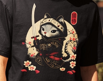 T-shirt chat samouraï, T-shirt chat ninja kawaii japonais, chemise style tatouage chat samouraï, chaton samouraï ninja, T-shirt amoureux des chats