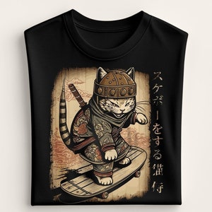 Samurai Cat Skateboard T-Shirt: Japanisches Streetwear T-Shirt