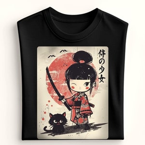 Kawaii Female Samurai Shirt, Cute Anime Katana Tee, Chibi Warrior Cat Art