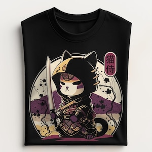 Samurai Cat T-Shirt, Japanische Kriegerskatze T-Shirt, Anime Aesthetic Fashion
